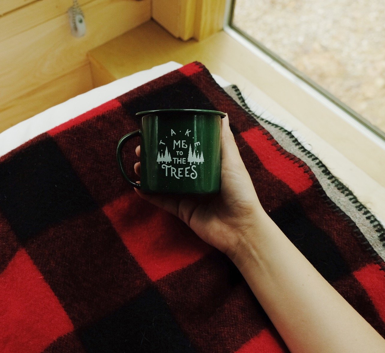 Hand holding green enamel mug, printed in white with graphic that says “Take me to the trees” with drawings of evergreens.