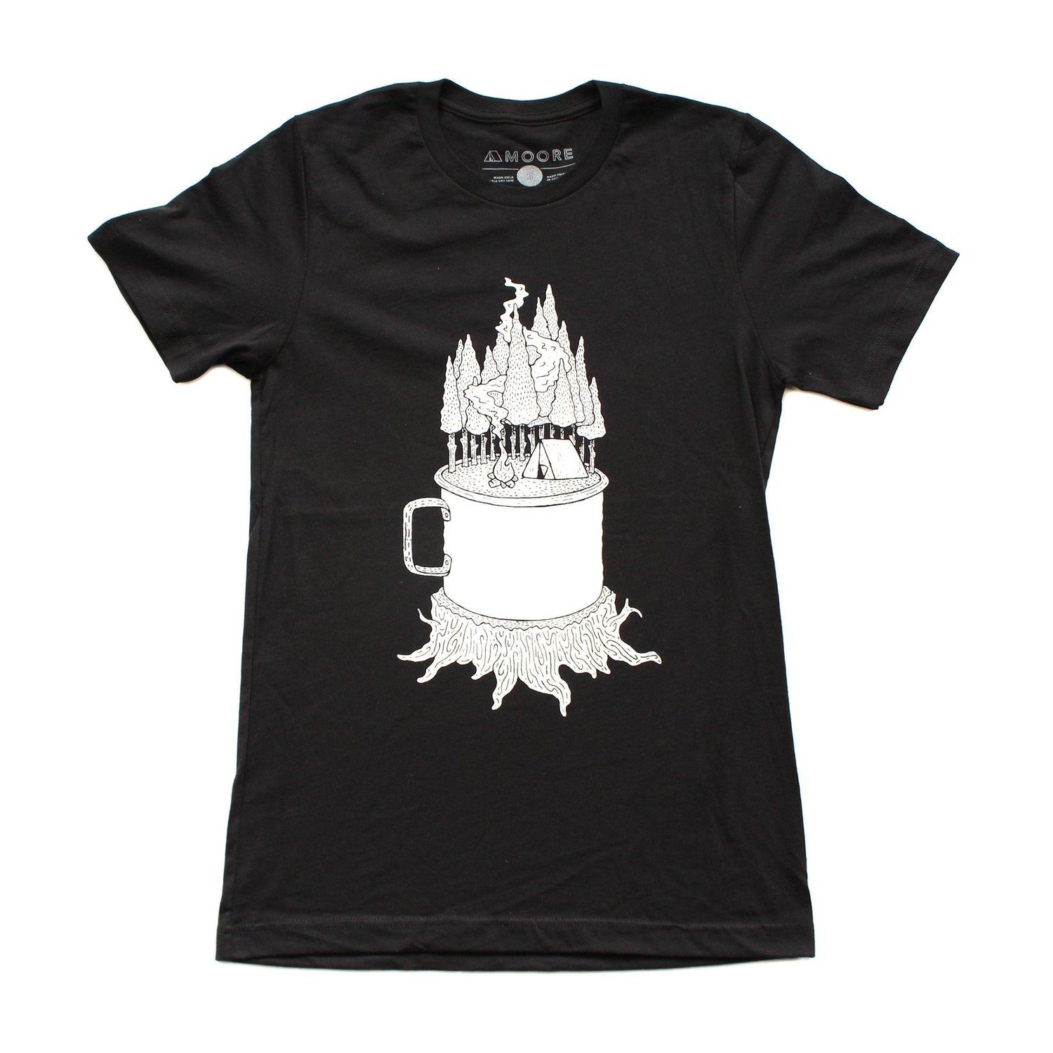 Black Unisex tee shirt, featuring white printed graphic of a mug on a stump, with a camp site in the woods growing out of it.