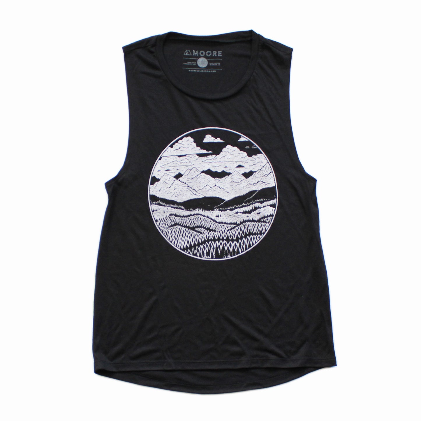 Black tank top with white printed circular graphic featuring clouds, a mountain range, and woods.