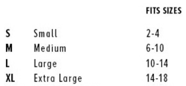 Size chart: small fits women's sizes 2 to 4, medium is size 6 to 8, large is size 8 to 10, extra-large is size 10 to 14.