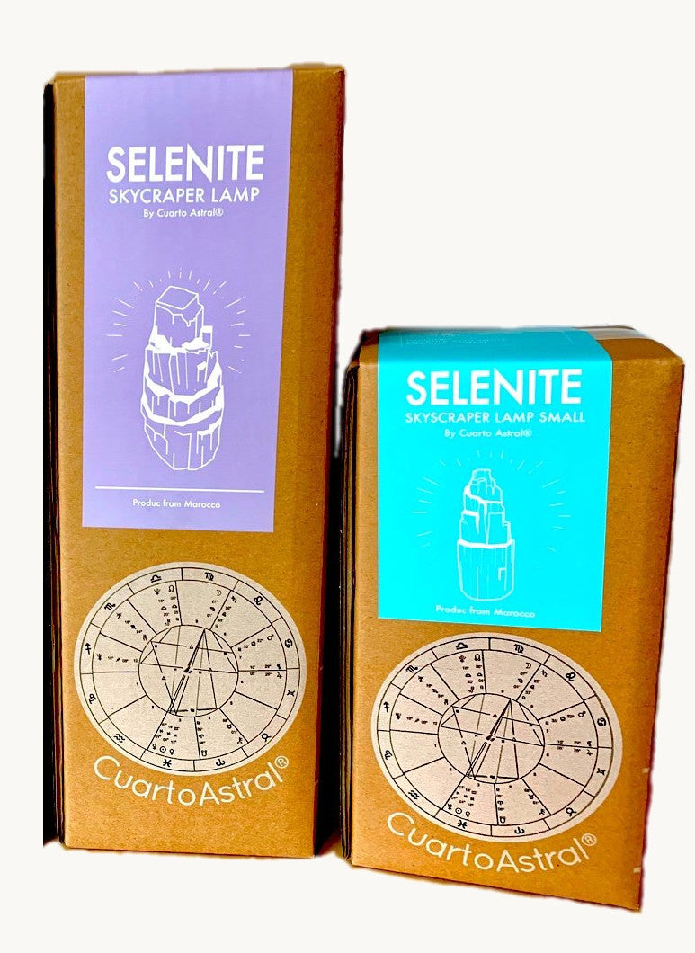 Selenite skyscraper lamp packages displaying relative heights of each.