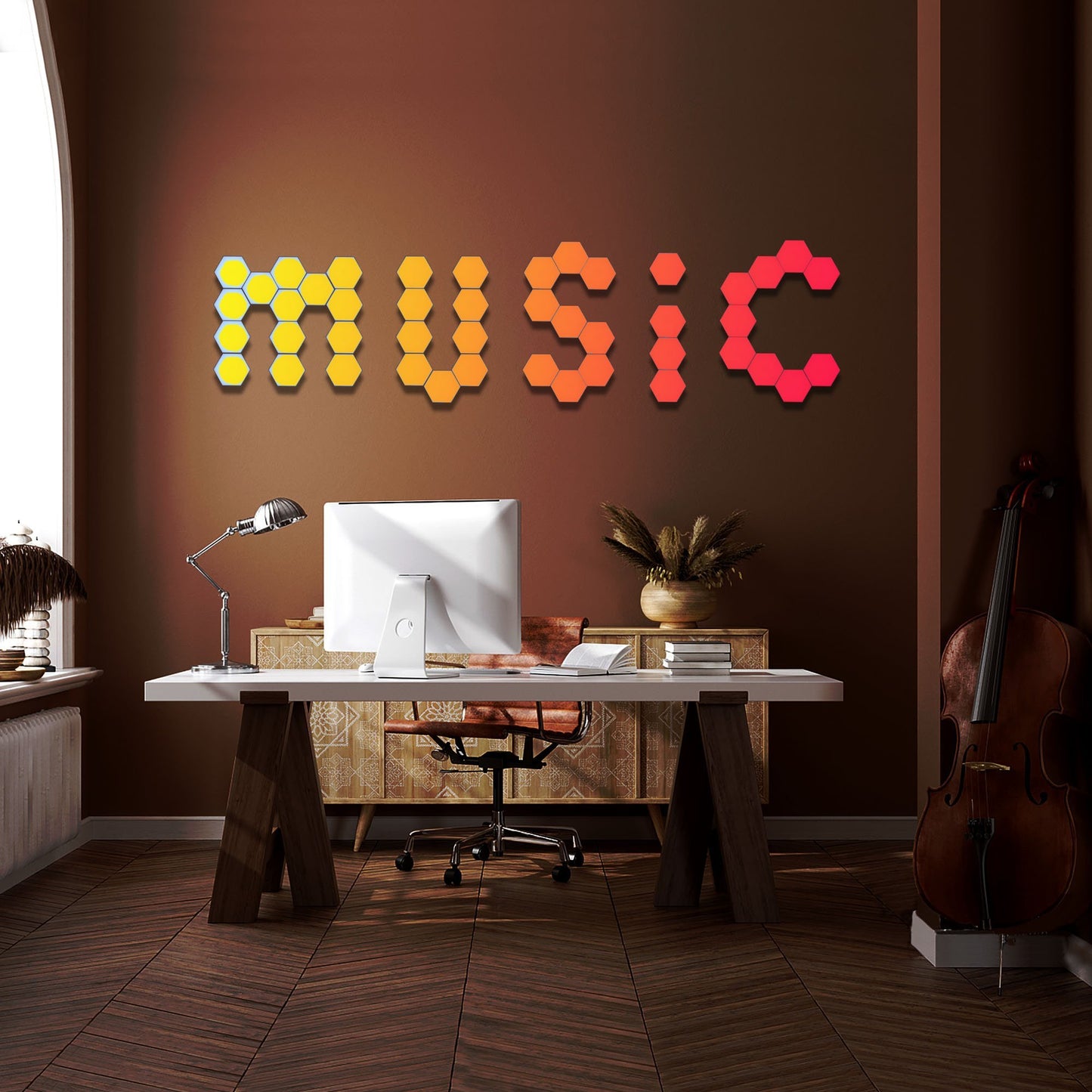 Touch Sensitive Honeycomb Wall Lights shown configured on a wall to spell out the word “Music”, lit in yellow, orange, red.