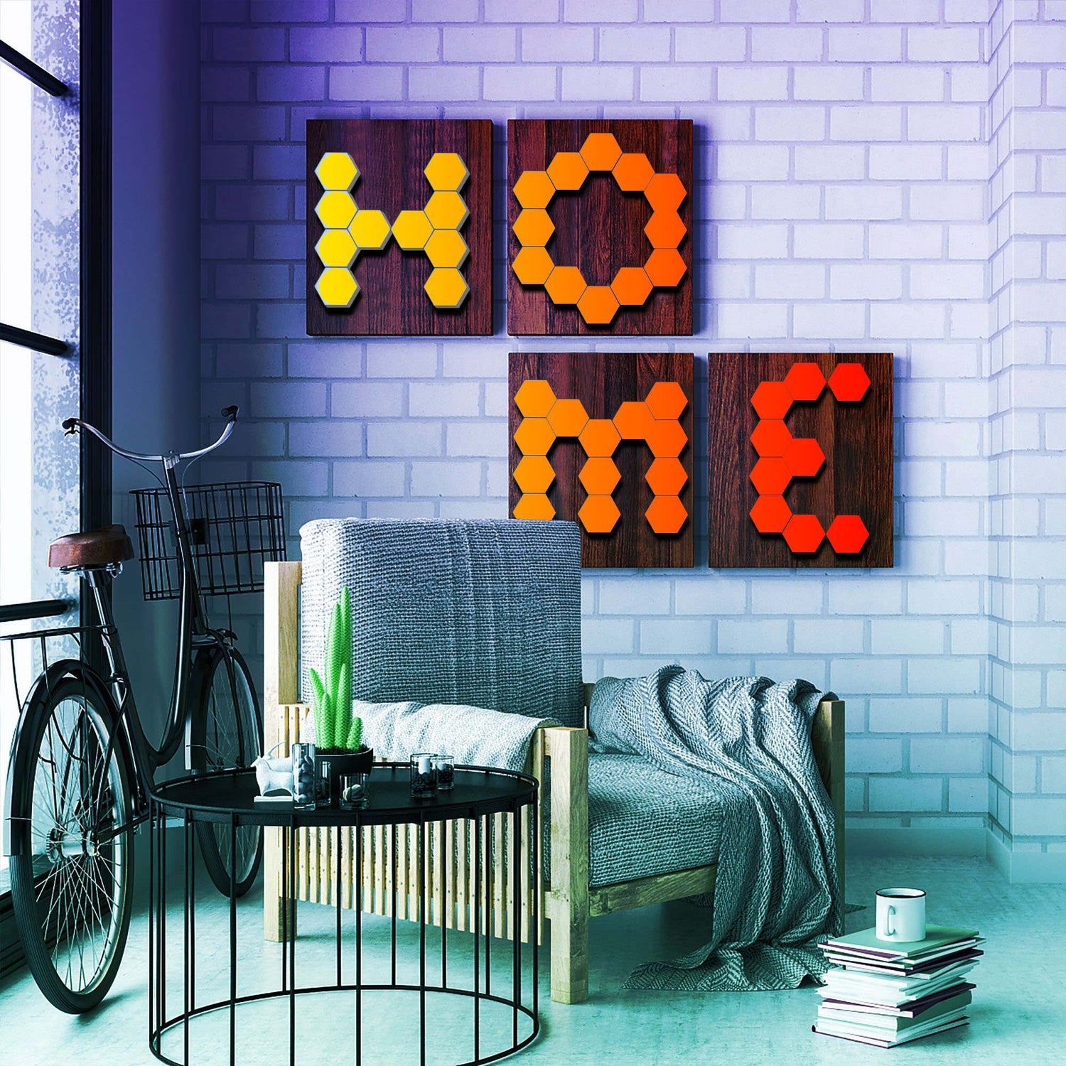 Touch Sensitive Honeycomb Modular Wall Lights shown mounted to wall spelling out the word “Home”, lit in orange, yellow, red.