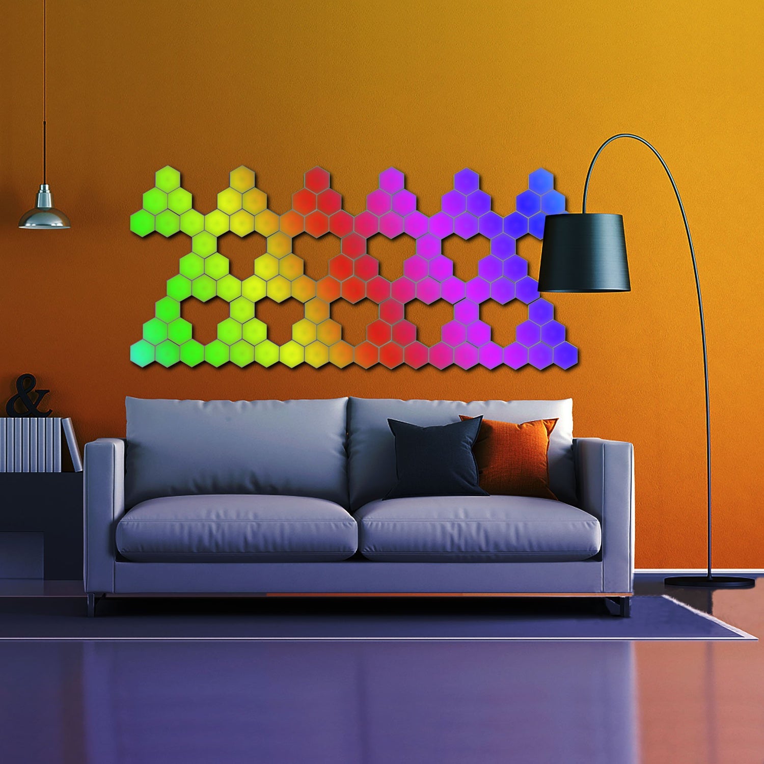 Touch Sensitive Honeycomb Modular Wall Lights shown mounted to wall in the shape of triangles in a row, lit in rainbow RGB.