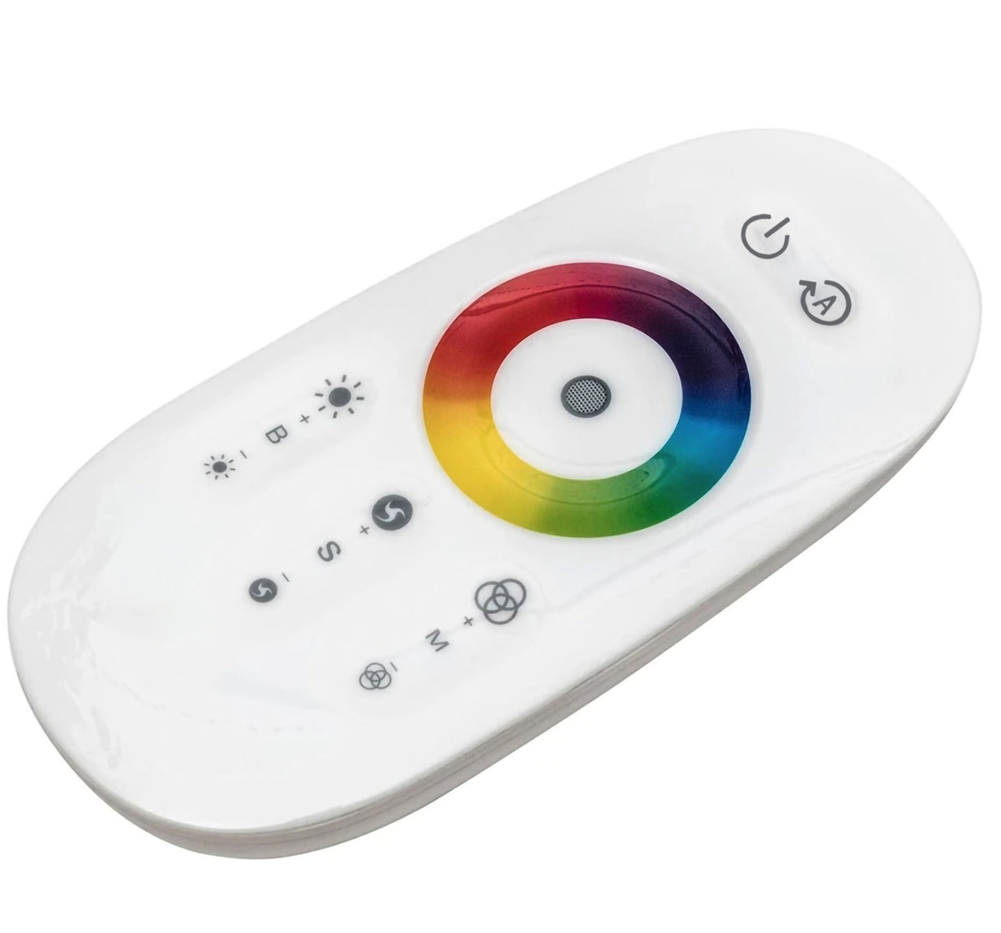 Close up of remote control for the Corner RGB floor lamp, showing controls for color as well as dimmer function.