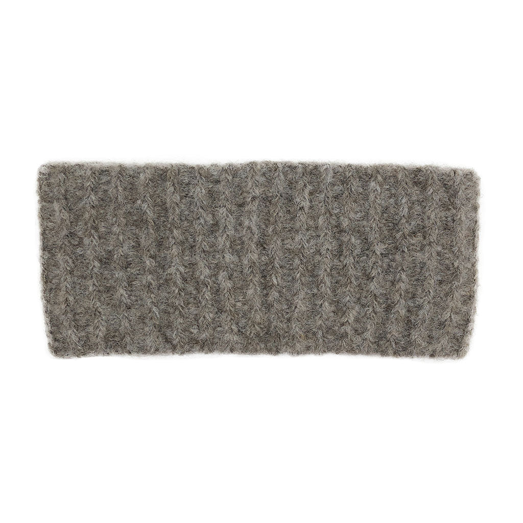 Ribbed grey alpaca wool knit ear warmer laid flat. 