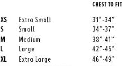 Size chart: x-small fits chest 31 to 34 inches, Small 34 to 37, Med. 38 to 41, Large 42 to 45, XL  46 to 49.