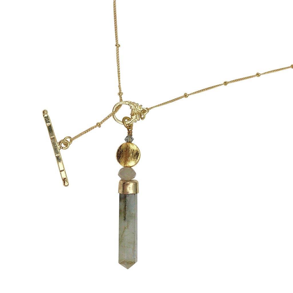 Necklace has a satellite chain with bar & circle closure (shown instructively), and large labradorite pendant with glass bead.