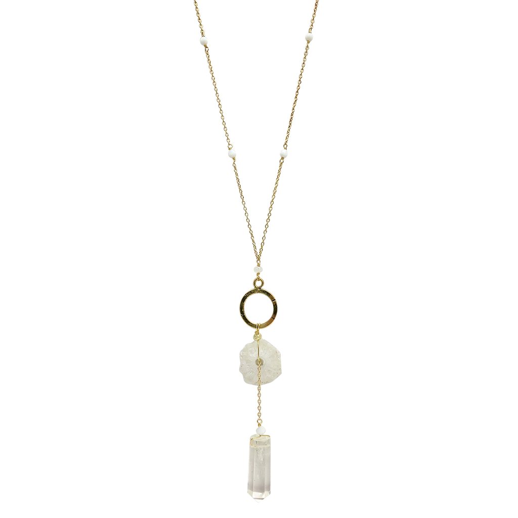 Y necklace with circular pendant, blow hangs solar quartz stone, and clear crystal, on brass chain with intermittent beads