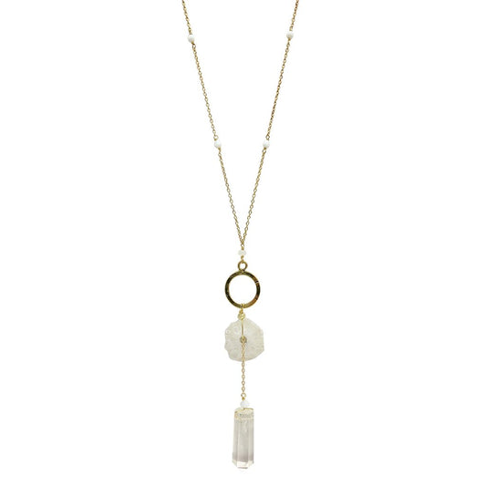 Y necklace with circular pendant, blow hangs solar quartz stone, and clear crystal, on brass chain with intermittent beads