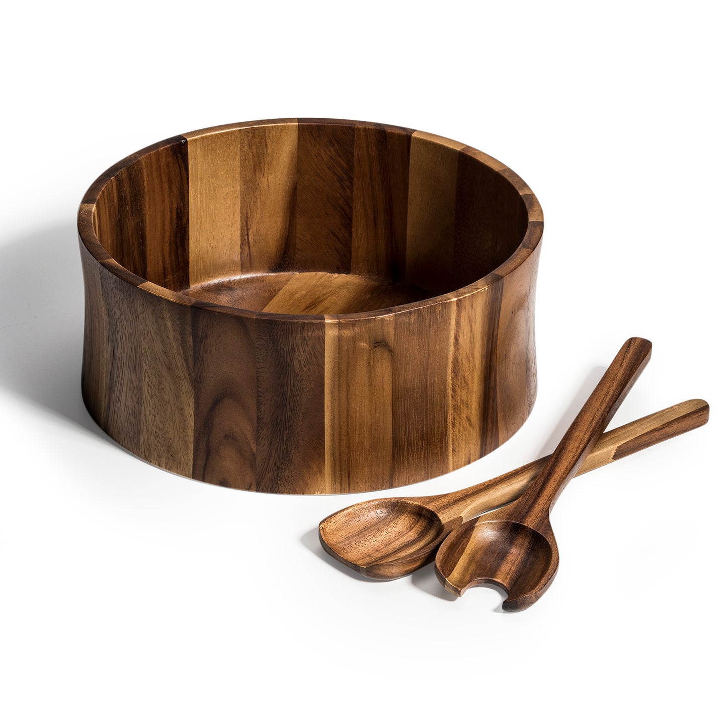 12 inch Acacia wood straight sided salad bowl with two matching serving utensils.