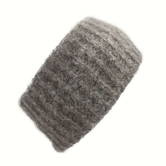 Ribbed grey alpaca wool knit ear warmer side view.