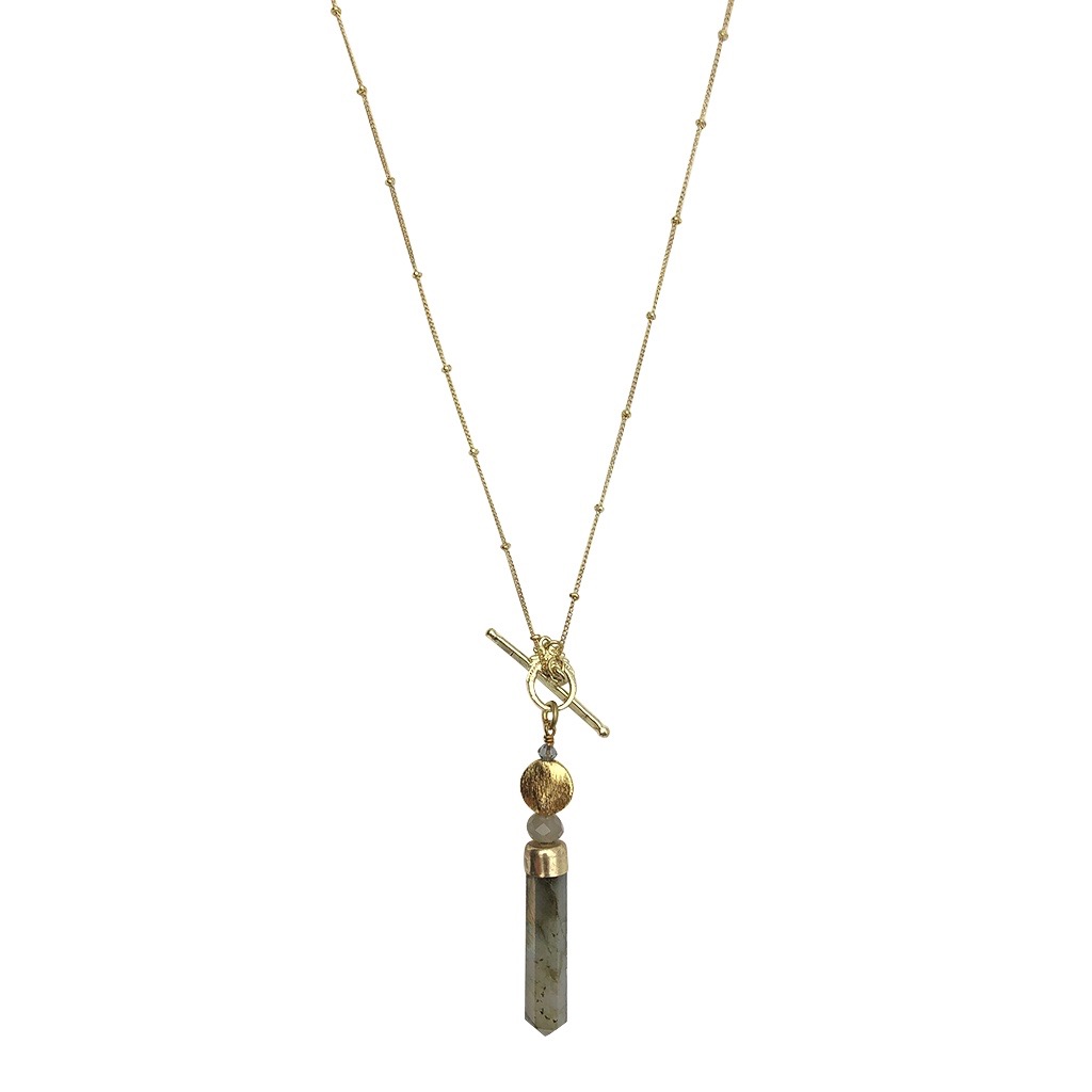 Lariat style necklace features a satellite chain with a bar, circle closure and a large labradorite pendant.