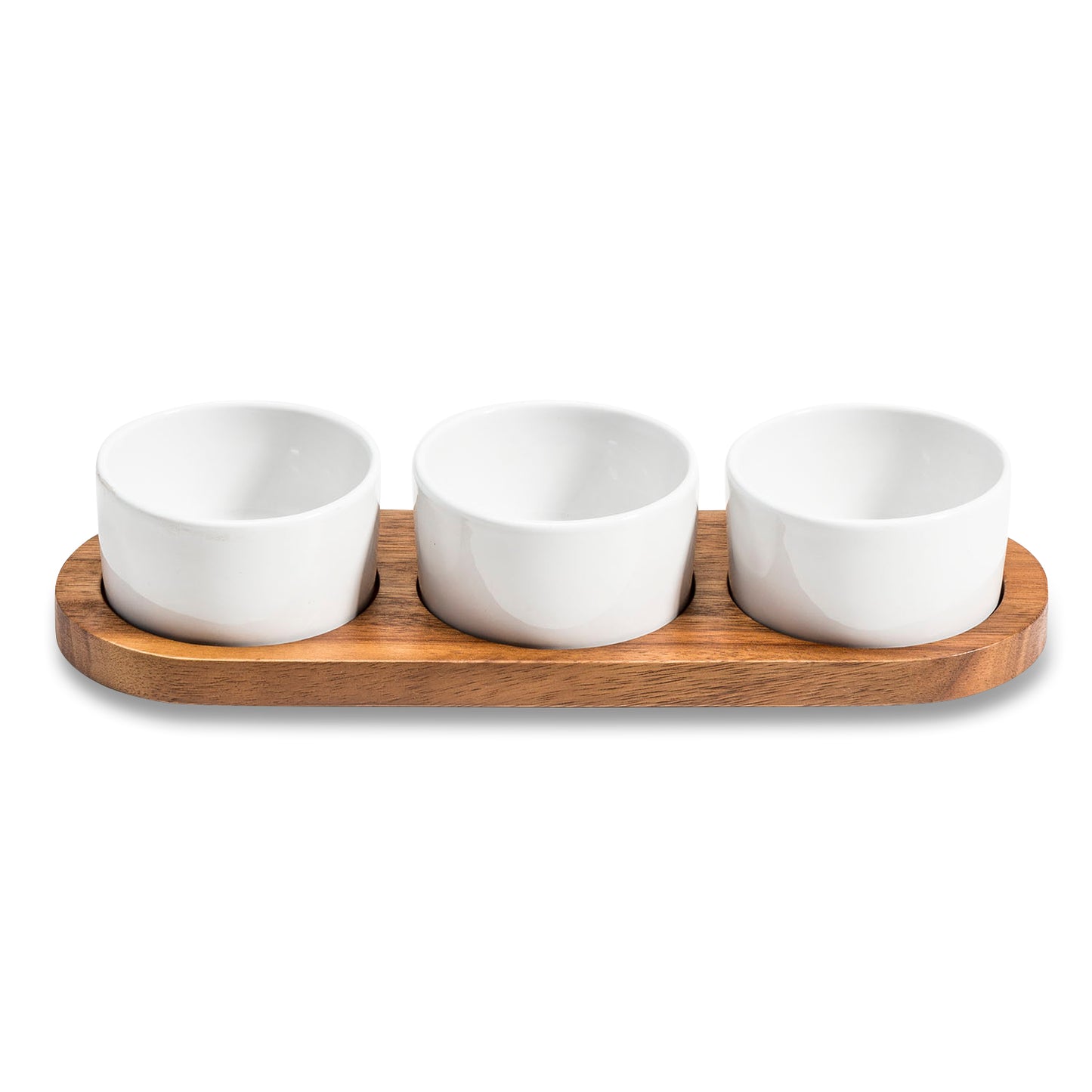 Three Piece Condiment Serving Set, made from natural colored acacia Wood & white Ceramic, shown with lids off, on holder.