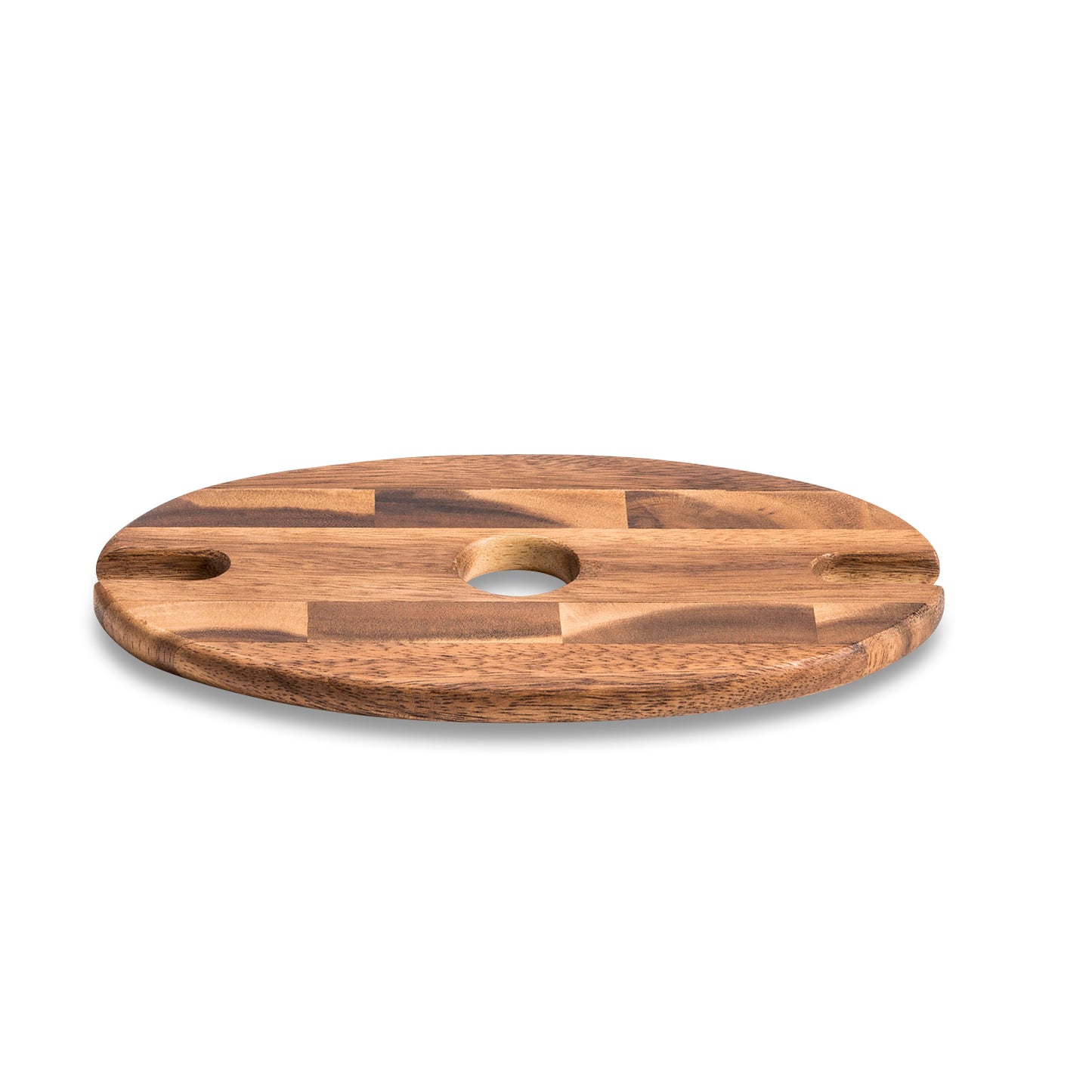 Acacia wood wine bottle caddy, shown on its own without wine bottle or glasses.