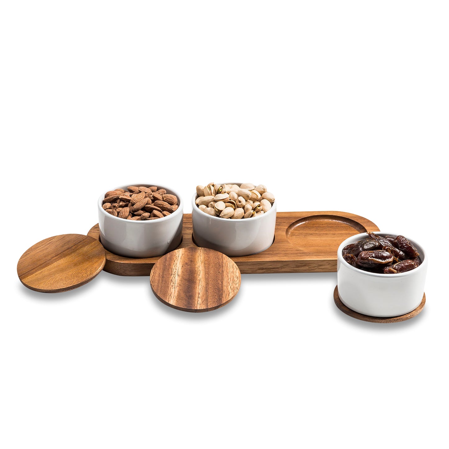 Three Piece Condiment Serving Set, shown with lids off, filled with nuts, 2 out of three on holder, one off.