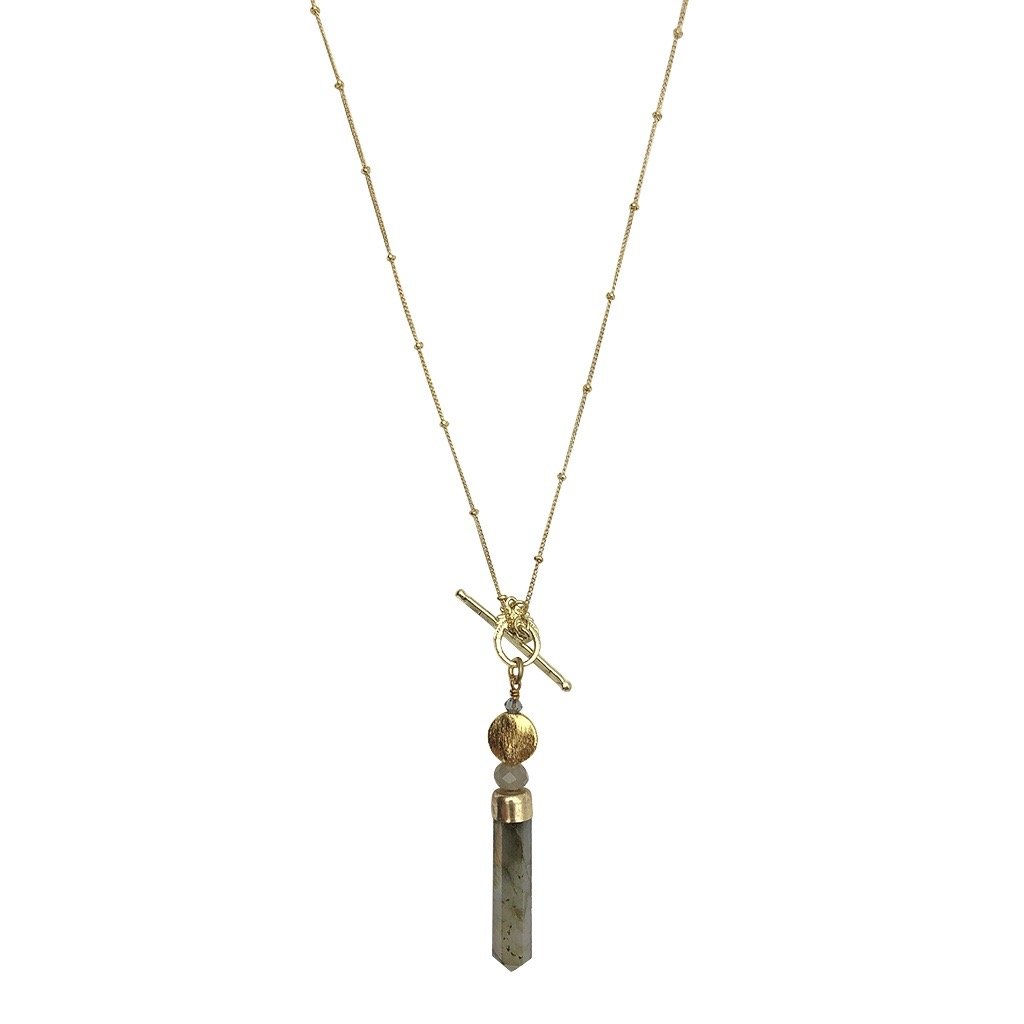 Lariat style necklace features a satellite chain with bar, circle closure and large labradorite pendant, with glass bead.